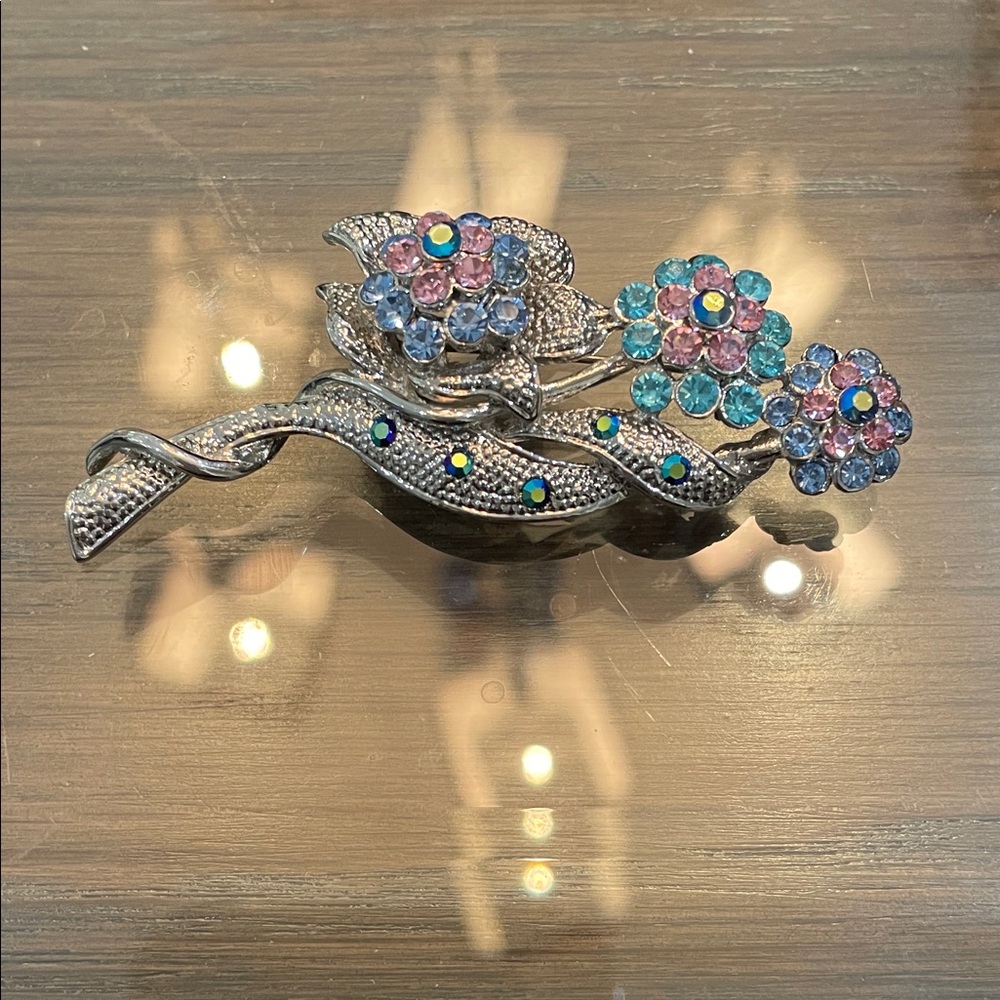 Floral Silver Brooch with Pink and Blue Gems